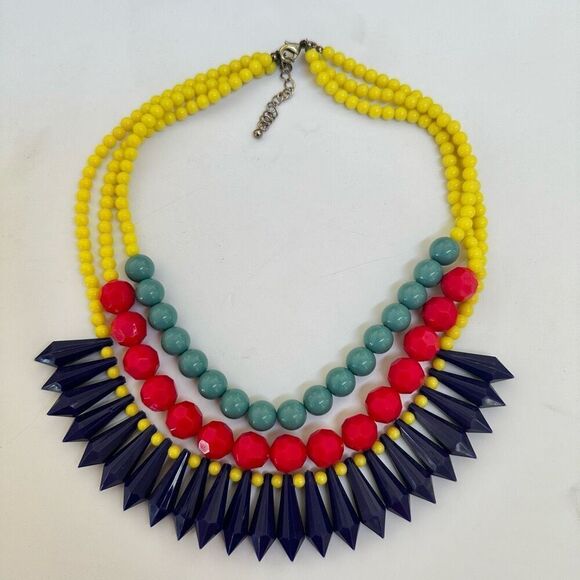 Yellow beaded red and green and blue statement necklace - Picture 3 of 7
